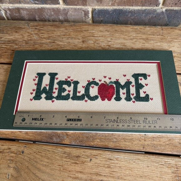Completed Cross Stitch Welcome With Apple Double Matted No Frame READ - Picture 9 of 14